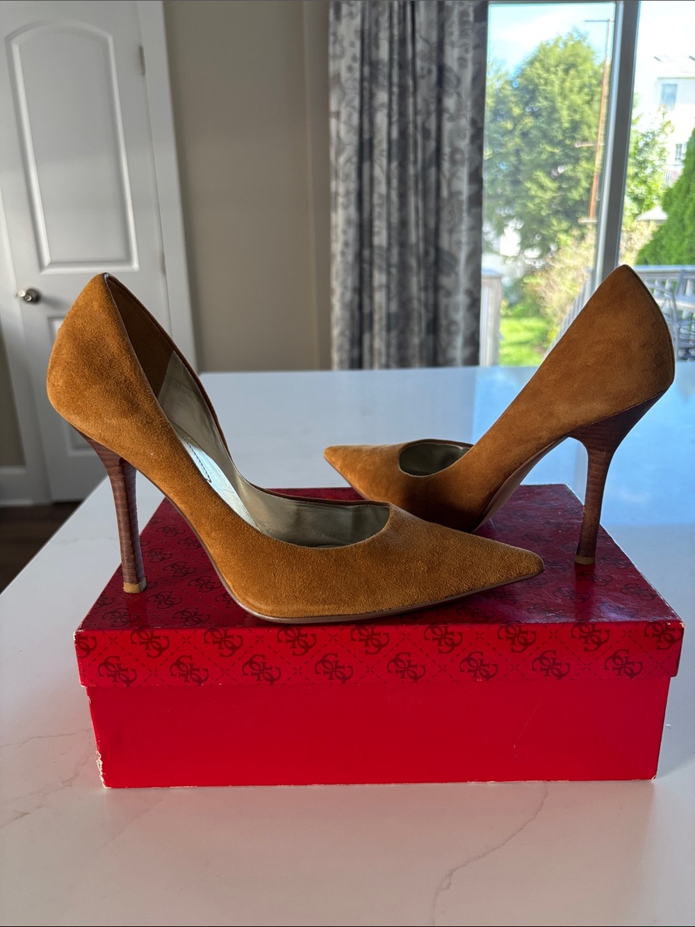 Guess by Marciano Tan Suede Pointed Toe Stiletto Pumps